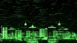 Digital City, Digital cyberspace with particles and Digital data network connections, 5g high-speed connection Futuristic Technology. Virtual reality hologram digital environment. 3D Data smart city