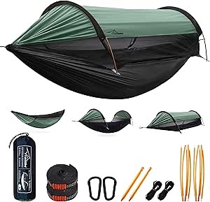 Camping Hammock Tent with Mosquito Net and Sunshade, Extra Large for 2 Person, Lightweight Hanging Hammocks Tree Straps, Bivvy Ground Tent for Outside, Hiking, and Travel