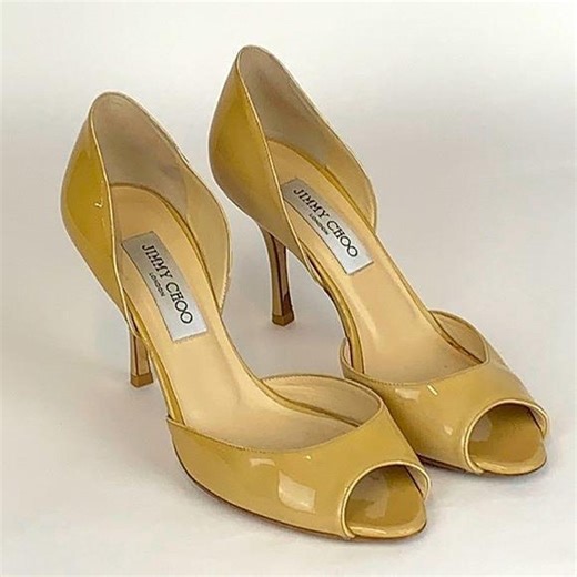 Jimmy Choo Peep Toe Pumps Womens 36 Yellow Tan Patent Leather Heels Vintage Y2K - Etsy