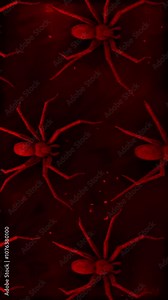 A birds eye view of realistic spiders crawling across screen in a looping sequence with a graphic stylised treatment and old film effects and details. Stock Video