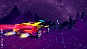 Luxury sports car in the 80s retro-futuristic color scheme and style Background for electronic, videogames and vaporwave music concept