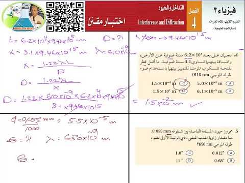 فيزياء 3- الفصل الرابع -التداخل والحيود -حل الاختبار المقنن