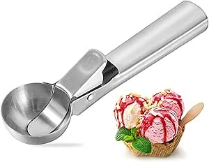 Ice Cream Scoop with Trigger, Premium Stainless Steel Ice Cream Scooper, Heavy Duty Metal Icecream Scoops Spoon, Perfect for Frozen Yogurt Gelatos Sundaes Fruit Cookie (1Pcs Medium Silver)