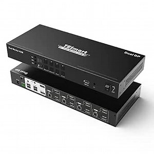 TESmart 4 Port KVM Switch Dual Monitor DisplayPort, 4K@60Hz KVM Switch 4 Computers 2 Monitors, DCCI, Audio Out, USB 2.0 Devices, Hotkey Switch, 2K@144Hz, Rack-Mount Ears, with Cables (NO EDID)