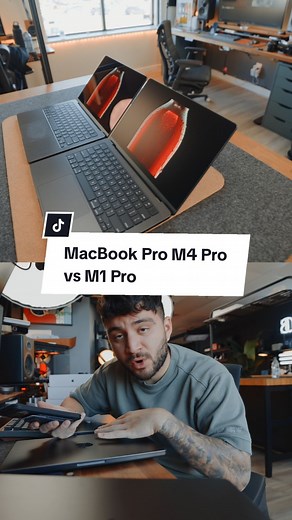 MacBook Pro M4 Pro vs M1 Pro 👌🏽🎥 Full review on the channel however, keep in mind that the new laptop gets you these goodies: ✅Thunderbolt 5 w/ M4 Pro & Max ✅Nano-texture display option ✅Apple Intelligence ✅12MP Center Stage Camera ✅20x faster than Intel Based MacBook Pro ✅Up to 24hrs battery life ✅Up to 8TB ✅Up to 128GB Unified Memory ✅Up to 16-Core CPU up to 40-core GPU I think this is mainly for you intel peeps...👁️👄👁️ • • • • • • #tech #macbook #laptop #macbookpro #apple #news #update 