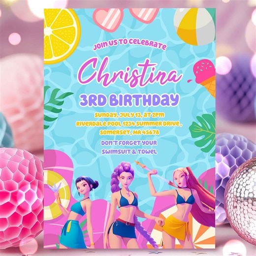 KPOP Demon Hunters Pool Party Invitation, Rumi, Zoey, Mira, Kpop Pool Party Invite – Editable Canva Template, Instant Download - Etsy