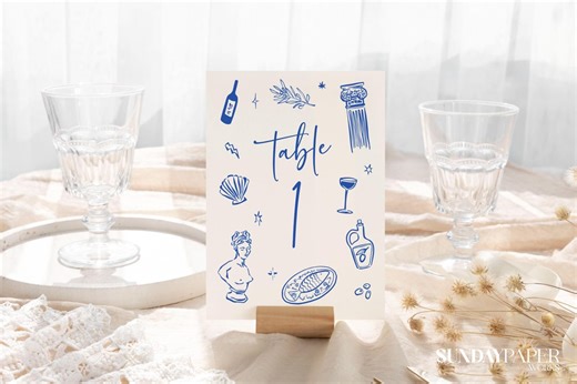 Greek Wedding Table Numbers: Hand Drawn Illustrations (Editable Template) 006