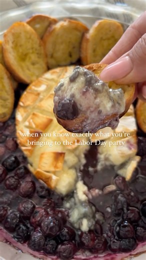 Jacqueline Vignona | Easy & Delicious Recipes on Instagram: "Blueberry Baked Brie 🫐🧀 If you need a good Labor Day party dish, this is it! You guys know we love baked brie here & this version is always a HUGE hit! Recipe is below! Fill baking dish with about 2 cups of fresh blueberries. Add a wheel of brie cheese to the center. Score of the cheese. Drizzle 2-3 tablespoons of honey or hot honey. Bake at 350° for about 25 minutes or until the blueberries are on the verge of bursting and the chees