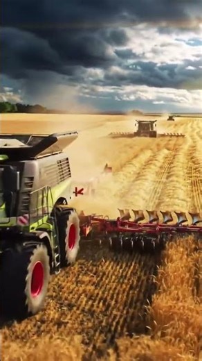 Giant tractors with multiple large plows cutting through a vast farmland,