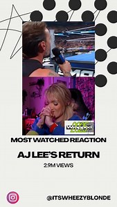 43K views · 1.8K reactions | AJ Lee’s return topped my entire WWE Wrapped this year  My most-watched reaction of 2025, and honestly? One of the coolest moments I’ve ever gotten to experience with you all. Watching that comeback unfold in real time — and seeing how much it meant to so many people — reminded me why we love wrestling the way we do. Thank you for being there with me for it. What a moment. 﫶 #wwe #prowrestling | WheezyBlonde | Facebook