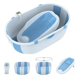 ROSE MERRY Collapsible Baby Bathtub with Bath Stand,Baby Bath Tub with Thermometer and Drain Outlet, Durable and Essential Baby Bathtub, Suitable for Babies from 0-5 Years Old to Toddlers(Blue)