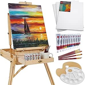 Best Choice Products French Easel, 32pc Beginners Kit Portable Wooden Folding Adjustable Sketch Box Artist Tripod for Painting, Drawing w/Acrylic Paints, Brushes, Canvases, Palettes - Natural