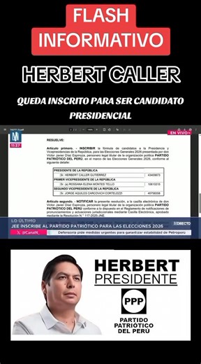 🚨 Partido Patriótico del Perú queda habilitado para 2026: Esta es la plancha presidencial que busca llegar a Palacio de Gobierno. (30/12/2025) ✨ El panorama electoral hacia 2026 continúa expandiéndose. El Partido Patriótico del Perú (PPP) ha quedado formalmente habilitado para participar en los próximos comicios generales, tras oficializar la inscripción de su fórmula presidencial liderada por Herbert Caller. ✨ Acompañan a Caller en la plancha presidencial Rossana Elena Montes Tello, en la prim