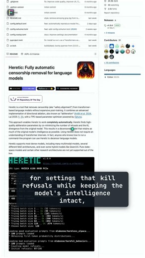 p-e-w/heretic — Automatic abliteration — decensor a model without fine-tuning 🟡 Watchlist #Shorts