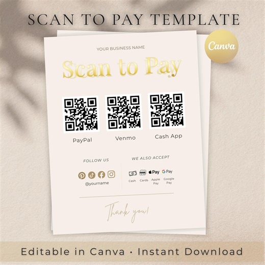 Scan to Pay Sign Canva Template | QR Code Payment Sign for Salon | Editable Business Sign | Beige Gold | US Letter A4 5x7 8x10 - Etsy