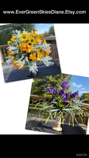 Here’s a behind-the-scenes look at centerpieces I made for a summer craft show. I meant to list them on Etsy sooner — but life happened! Now they’re up and ready to ship. Tap to see more or visit my Etsy shop (link below). Which one would you pick for your home or event? Yellow floral design: https://www.etsy.com/listing/4386428478/yellow-daisy-and-orange-orchid-floral Purple floral design: https://www.etsy.com/listing/4386434719/purple-larkspur-floral-arrangement-on #floralarrangement #centerpi