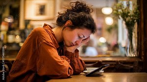 In a cozy cafÃƒÂ© setting a woman leans uncomfortably over her phone resting on the table her posture hunched and her back rounded. Her right hand supports her chin while her left hand