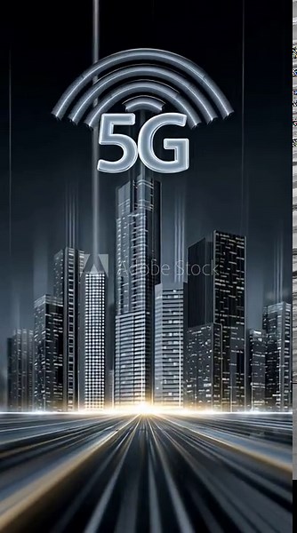 An 5G antenna icon sends pulsing 5G NR reference signals—capturing a smart city vibe with a sleek white and dark blue colour scheme. Transmission, Innovation, Future Tech concept.
