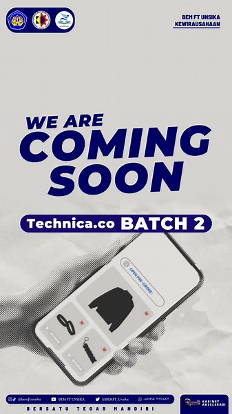 [WE ARE COMING SOON: TECHNICA.CO BATCH 2] Hallo Teknik! Ada kabar gembira buat Sobat Teknik! Technica.co Batch 2 akan segera launching nih🤩 Stay tuned at @technica.co We're back at work to bring you something new and exciting, Be prepared! ______________________ Media BEM FT Unsika Instagram : @bemftunsika Tiktok : @bemftunsika Twitter : BEMFT_UNSIKA Youtube : BEM FT UNSIKA E-Mail : bemft@unsika.ac.id Website : bem.ft.unsika.ac.id #BEMFTUNSIKA2023 #KABINETAKSELERASI #BERSATUTEGARMANDIRI #RekaSe