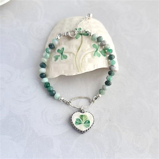 Belleek Irish Shamrock Bracelet, Broken China Jewelry, Hammered Silver and Hand Painted Belleek Clover Charm - Etsy