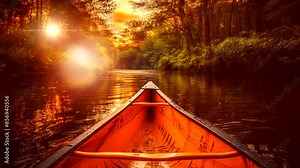 Serene canoe ride on a river surrounded by trees at dusk, seamless looping time-lapse animation in 4K