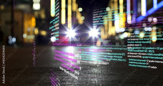 Code strings appearing near road, sliding and rotating, layering over headlights, showing data flow