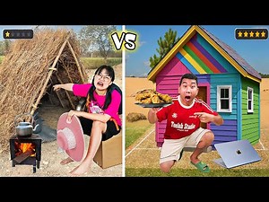 Ha Sam | 24 Hour Camping Challenge: Straw Tent vs Rainbow House vs Wooden House 🔥