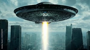 Alien invasion. Huge alien spaceship hovered over a densely populated city. People flood the streets, capturing the moment on their phones as the otherworldly craft hovers above a busy intersection.
