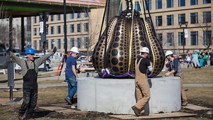 6 hours later, 'Pumpkin Large' is in place at the Pappajohn Sculpture Park
