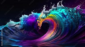 Spectral Wave: A dynamic wave in vibrant colors—purple, blue, green, yellow, and pink—spirals like a tube wave, evoking surfer dreams. The vivid hues and fluid motion contrast strikingly