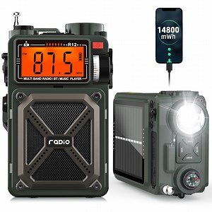 Jazmm Medium Portable Emergency Radios, Bluetooth, Battery, Hand Crank, Single Piece, Solar Emergency Radio, Green, 1 Pack