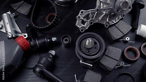 Auto parts spare parts car on grey background. Large number rotate on turntable around its axis. Auto parts store. Suspension and engine parts.