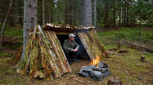 Building a cozy natural shelter - bushcraft camping under trees
