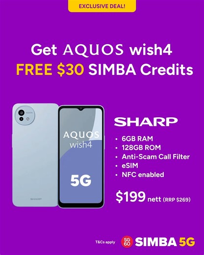 🎉 SIMBA Celebrates SG60!​ ​ Another EXCLUSIVE DEAL for you!​ Grab the SHARP AQUOS wish 5G at unbeatable prices – plus, enjoy FREE SIMBA credits with every purchase!​ Available at SIMBA Service Centres and selected dealers.​ Grab yours now. T&Cs apply.​ #SIMBA #SimplyTheBest #SIMBA5G #GreatDeals #SharpAquos #5Gphone #Singapore #SG60 Sharp Singapore | SIMBA Telecom