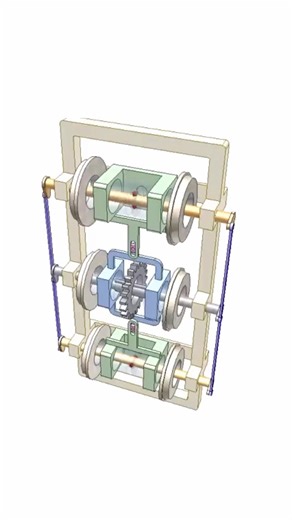 Tuyển tập cơ cấu mô phỏng kỳ thú ( Tiếp theo). Truyền động đầu máy xe lửa. Ba bộ bánh của đầu máy đều được truyền lực và có thể di động trong mặt phẳng ngang để thích ứng với chỗ cong của đường ray. Ổ màu lục của bộ bánh trước và sau lắp quay trên khung xe. Ổ màu xanh của bộ bánh giữa có thể di chuyển ngang nhờ khớp then trượt với trục giữa màu xám. Ổ xanh và lục được nối với nhau bởi con trượt hồng. Như vậy khi đầu máy vào đường cong, ổ trước màu lục quay và làm ổ giữa màu xanh di chuyển ngang 
