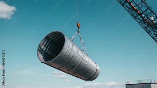 Crane hoisting corrugated cylinder over rooftop for repositioning, with orange hook and slings