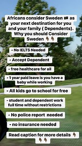 Africans Consider Sweden 🇸🇪 as your next destination for you and your family💃🏻💃🏻. WHY YOU SHOULD CONSIDER SWEDEN 🇸🇪👇🏻- No IELTS needed - No health insurance needed - Free healthcare for all - Students and dependents work unlimited hours - Children go to school for free - 1 year paid leave if you give birth to a child while working 💃🏻💃🏻Renis Anne💃🏻 - Benefits for all children under 18 - Free laptops 🧑‍💻 for kids to study - Schengen Country ( Move to Luxembourg 🇱🇺, Germany 🇩🇪