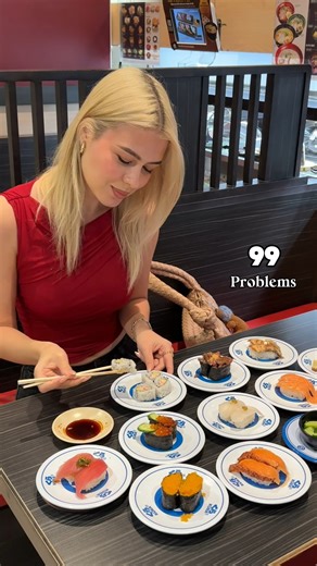 99 problems? Maybe. But sushi solves all of them. 🍣✨ #revolvingsushi #conveyorbeltsushi #sushifix #99problems #stressfreezone #reelsforyou | Kura Revolving Sushi Bar