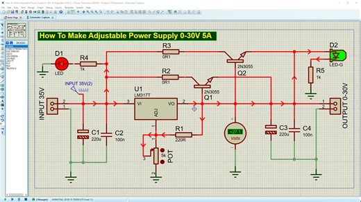 Fabriquer une Alimentation de Laboratoire Réglable 0-30V 5A (LM317 & 2N3055) Dans ce tutoriel, nous concevons une *alimentation stabilisée et variable de laboratoire* capable de délivrer une tension de *0 à 30V* avec un courant robuste de *5A*. Ce montage repose sur le célèbre régulateur *LM317*, associé à deux transistors de puissance *2N3055* montés en parallèle pour supporter des charges importantes sans surchauffe excessive. C'est l'outil indispensable pour tout électronicien souhaitant test