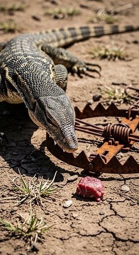 Tense Moment: Lizard Inches to Meat Lure #MonitorLizard #WildlifePhoto #RustyTrap