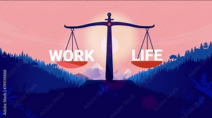 Work-life balance animation - Weight scale with the words work and life balancing comparing and showing choice and perfect harmony in morning sun landscape, inspirational animated flat vector design