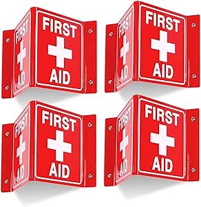 T&R First Aid Sign, First Aid with Cross Symbol - 4 Pack - 8 x 6 Inches Acrylic, 4 pre-drilled holes, Includes Matching Screws, Use for Office/Business