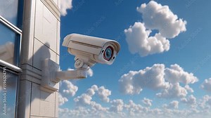 Security Camera Surveillance: A vigilant security camera, perched on a building, keeps a watchful eye over the expanse of the clear blue sky, representing vigilance, protection.