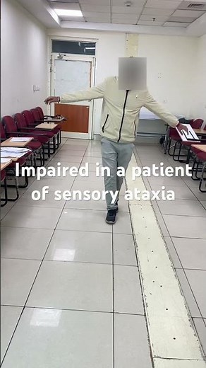 Tandem walking test. It helps to detect subtle ataxia.