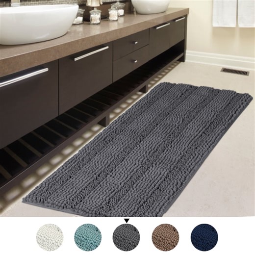 PrimeBeau Large Luxury Grey Striped Microfiber Chenille Bath Rug, 47"x17" , Water Absorbent, Non-slip, Washable