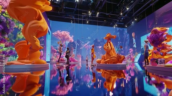 A vibrant art installation featuring large sculptures and an immersive underwater backdrop.