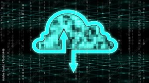 Cg footage on the background of two moving coordinate systems with numbers, a cloud with arrows, a symbol for storing information on which the digits of a binary code move vertically