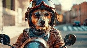 A dog rides a motorcycle through a vibrant street wearing goggles and a leather jacket