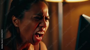 Frustrated and irritated angry woman screaming at laptop with anger. Work stress or technology issues.