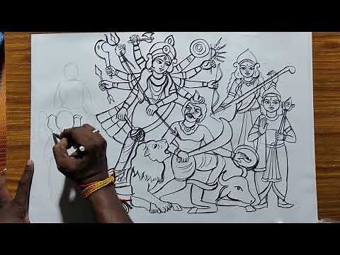 maa durga ful family drawing,easy line art maa durga ful family,durga thakur drawing step by step,